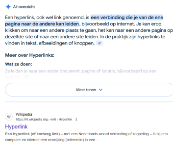 Screenshot van een AI-overzicht in Google met de uitleg over hyperlinks – ironisch genoeg precies het soort AI-samenvatting waar dit blogart