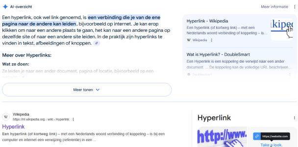 Screenshot van een AI-overzicht in Google met de uitleg over hyperlinks – ironisch genoeg precies het soort AI-samenvatting waar dit blogart