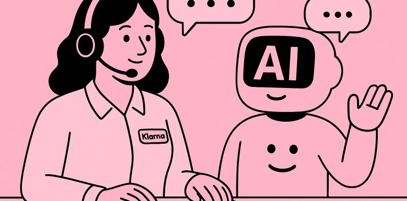 Illustratie in Klarna-stijl met een AI-robot en menselijke klantenservicemedewerker naast elkaar aan een bureau, in gesprek via spraakballon