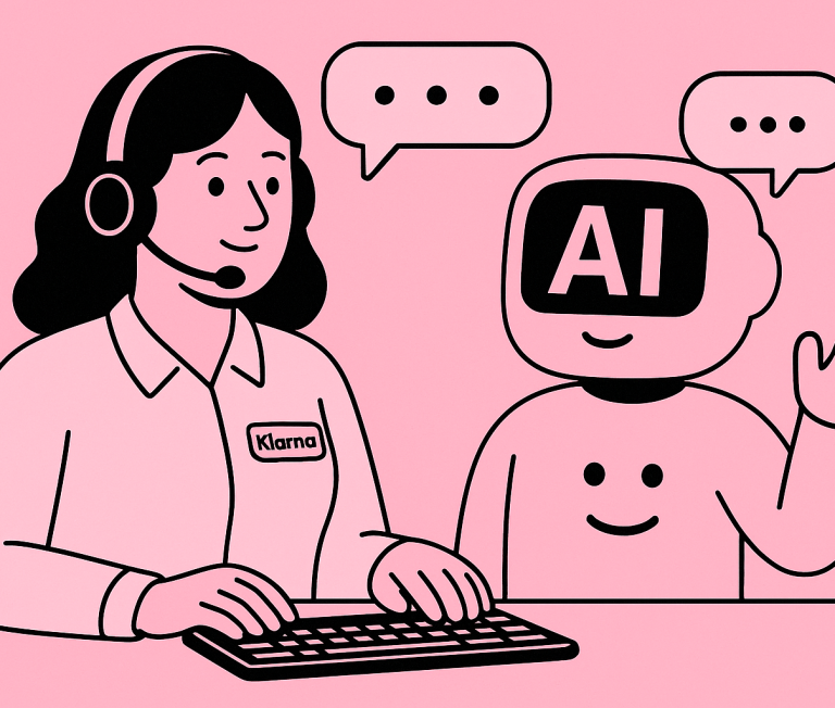 Illustratie in Klarna-stijl met een AI-robot en menselijke klantenservicemedewerker naast elkaar aan een bureau, in gesprek via spraakballon