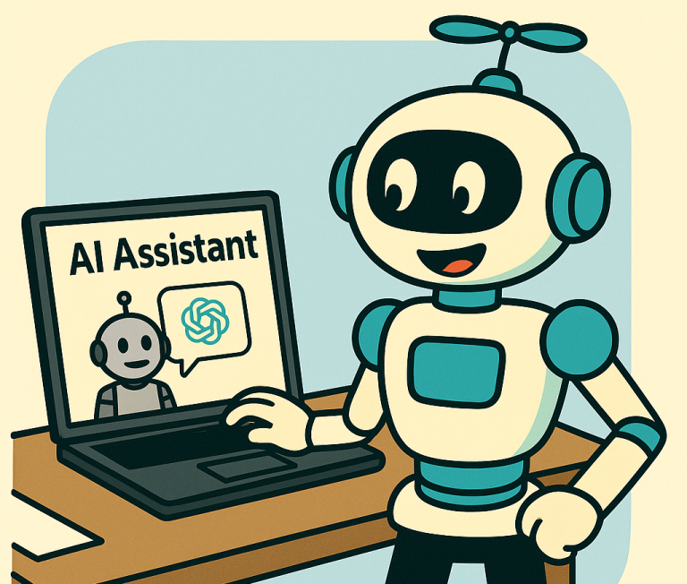 Illustratie van een Eduflow die in gesprek is met een vriendelijke ChatGPT op een computerscherm – samenwerking tussen mens en AI.