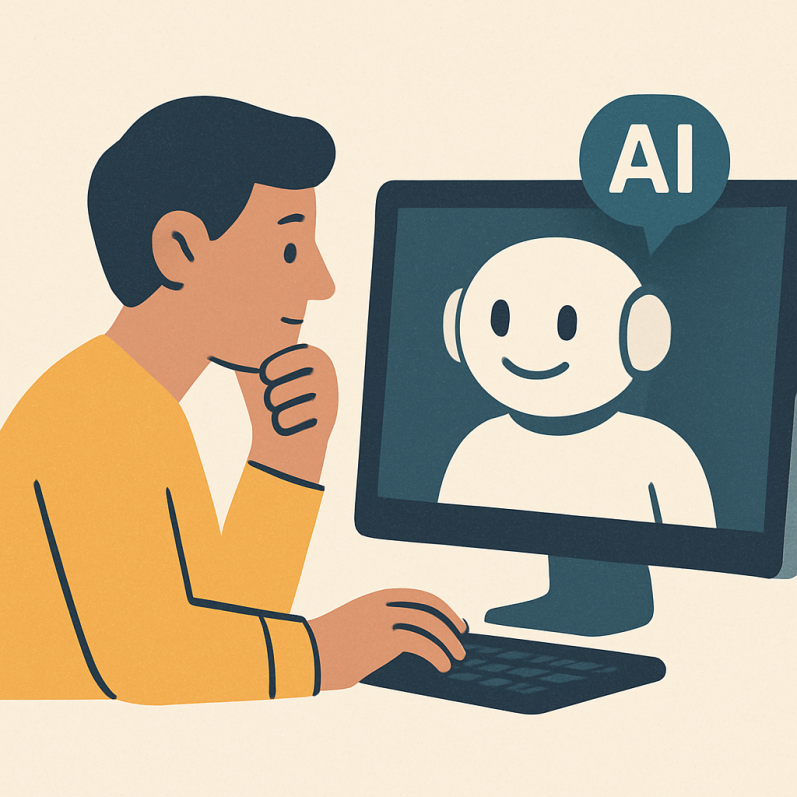Illustratie van een persoon die in gesprek is met een vriendelijke AI op een computerscherm – samenwerking tussen mens en technologie.