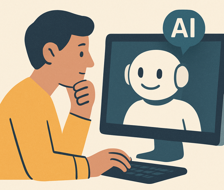 Illustratie van een persoon die in gesprek is met een vriendelijke AI op een computerscherm – samenwerking tussen mens en technologie.
