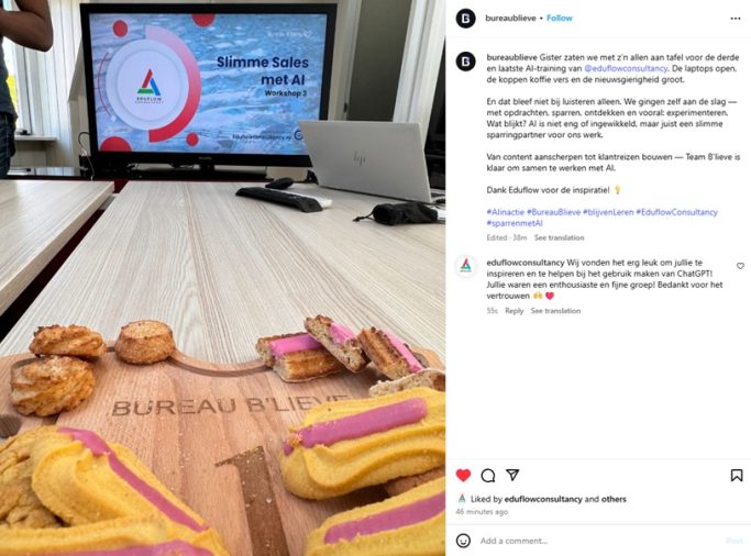 Deelnemers aan een AI-workshop van Eduflow Consultancy en Bureau B'lievé, met laptops en koekjes op tafel en een presentatie op het scherm.