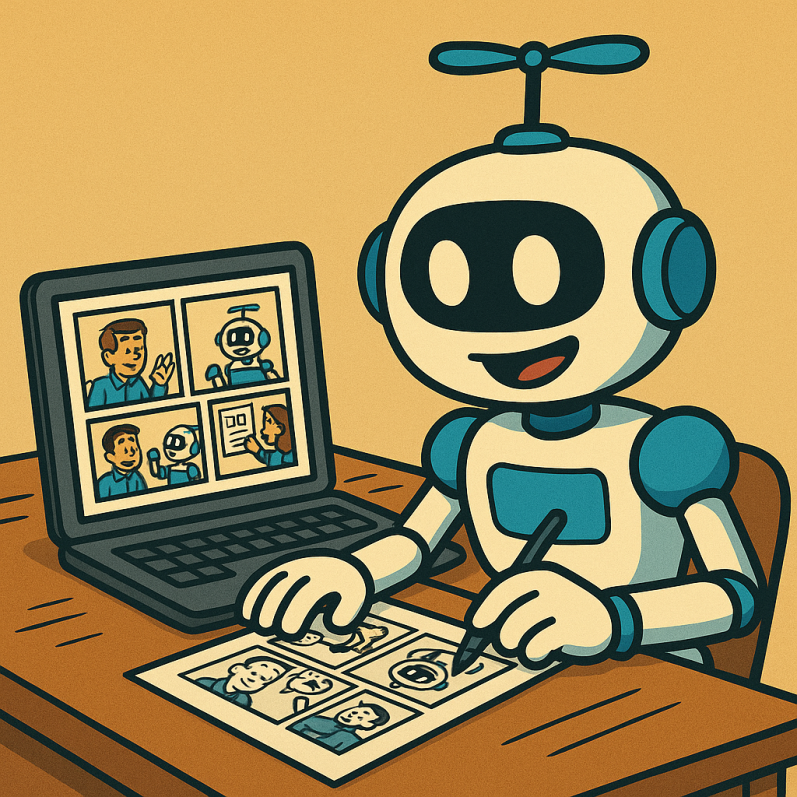AI-robot Eduflow tekent een strip achter zijn laptop, met een glimlach, in een vintage cartoonstijl – symbool voor leren over AI met humor.