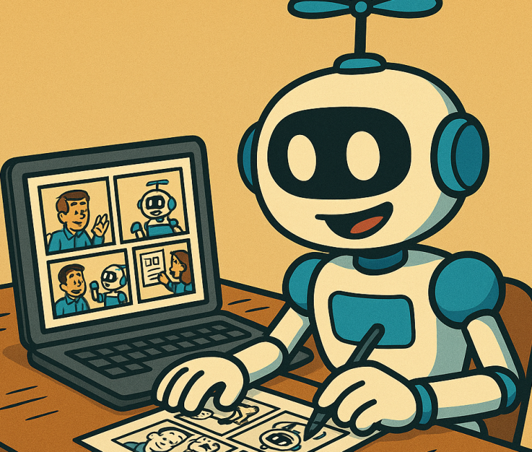 AI-robot Eduflow tekent een strip achter zijn laptop, met een glimlach, in een vintage cartoonstijl – symbool voor leren over AI met humor.