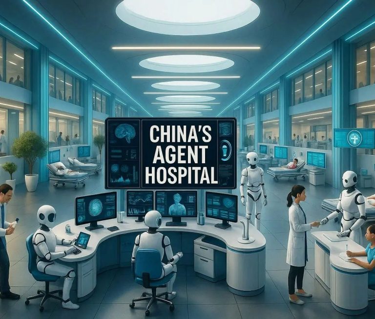 Futuristisch ziekenhuis met robots en AI-systemen die samenwerken met menselijke artsen en patiënten in een moderne medische omgeving. Centr